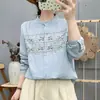 Estilo Algodón Artístico Retro Doble Capa Gasa de Algodón Cuello Alto Primavera y Otoño Bordado Artístico Camisa Base Superior Camisa de Manga Larga para Mujer