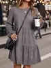Vestido de Pastel en Capas de Pana Cuello Redondo Manga Larga Abullonada Holgado Cubre Imperfecciones Casual Vestido Corto para Mujer