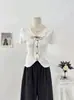 Camiseta de Manga Corta con Volantes y Cordones en V de Diseño Estilo Coreano para Mujer Primavera 2026 Top Corto Adelgazante de un Solo Botón