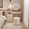 Tocador moderno y minimalista, 60 cm, madera maciza, adecuado para dormitorios pequeños, con un diseño vintage color crema, combinando una mesita de noche y un tocador.
