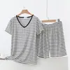 Conjunto de Verano Nuevo de Modal con Cuello en V Rayas Manga Corta y Shorts Tallas Grandes para Mujer Delgado Holgado Casual Ropa de Casa
