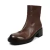 Botas femininas curtas de couro bovino de camada superior com efeito desgastado, novas para outono e inverno, couro genuíno, bico redondo, zíper lateral, salto grosso médio