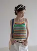 Camisola de tricô listrada estilo tailandês para mulheres, adequada para férias de verão na praia e sessões de fotos, top curto sem mangas inspirado na dopamina