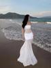 Estilo de férias à beira-mar Perspectiva Malha Saia sem alças Design Sense Slim-fit Temperamento Saia longa Fotografia de viagem Saia bonita