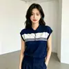 Nuevo Top de Punto de Seda Helada con Bloques de Color y Rayas, Cuello Polo, Corte Holgado, Tallas Grandes para Mujer, Camiseta de Verano Versátil, Elegante y Adelgazante
