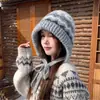 Chapéu de Tricô Estilo Fair Isle Coreano para Mulheres, Chapéu de Lã Quente à Prova de Vento para Outono/Inverno, Faz o Rosto Parecer Menor, Chapéu com Amarração para a Cabeça