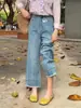 Jeans Rectos Desgastados de Color Claro para Mujer, Estilo Delgado de Verano, Pantalones Anchos Holgados Petite, Tallas Grandes, Pantalones Cropped Adelgazantes para Mujeres Curvilíneas