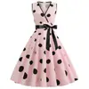 Z fuente de ropa para mujer nuevo verano europeo y americano cuello en V sin mangas lunares cintura de corbata retro vestido de falda amplia alta cintura adelgazante