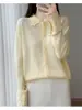Lã Mercerizada 100% Renda Crochê Vazada Gola Polo Temperamento Casual Redutor de Idade Versátil Camada Base Cardigã de Tricô Feminino