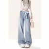 Pantalones de Mezclilla Estilo Americano con Cremallera Lateral y Lazo para Mujer, Diseño de Verano, Cintura Alta, Adelgazantes, Pierna Ancha, Largo hasta el Suelo