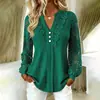 Moda femenina transfronteriza de otoño 2026, estilo europeo y americano, camisa casual de color liso con encaje y cuello en V, corte holgado