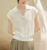 Camiseta Polo de Malha com Gola Polo e Decote em V, Seca e Respirável, de Seda de Amora e Fio de Papel para Mulheres