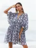 Moda Transfronteriza para Mujer Cuerda de Corbata Floral Manga Corta Holgada Casual Vestido de Ram Falda de Vacaciones en la Playa