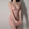 Guiruo Sexy V Profundo Almohadilla Plus en el Pecho Encaje Transparente Rayas Ajustado Espalda Descubierta Camisón de Tirantes para Mujer Ropa de Casa 4461