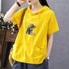 Camiseta de Algodão de Manga Curta para Mulheres 2025 Verão Novo com Capuz Fina Moda Estampada Estilo Coreano Solta Moderna Top Curto