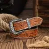 Cinturón de Cuero Tachonado para Mujer con Patrones Tallados, Cinturón Estilo Étnico, Transfronterizo Vintage Occidental Repujado Estilo Nuevo Cinturón de Vaquero