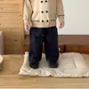 Chamarra suéter estilo coreano, elegante, para niños, con bloques de color retro y cuello polo, pantalones casuales versátiles de pierna recta con borde enrollado para otoño