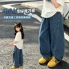 Pantalones elegantes de primavera y otoño para niñas, diseño de retazos de pierna recta, adecuados para niños y niñas mayores, pantalones de mezclilla anchos de otoño