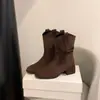 Nuevas Botas de Cuero para Mujer Estilo Retro Adelgazantes Botas de Bloques de Color Tacón Grueso Botas hasta Media Pantorrilla Tobilleras Persona Baja Botas de Invierno Apiladas