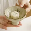 Plato de Fruta de Cerámica Color Ceniza de Fábrica Plato de Snacks Bandeja de Té para Sala de Estar Plato Alto con Boca de Flor Plato de Espárragos Verde Esmeralda Pintado a Mano
