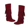Botas de color liso transfronterizas de talla grande, botas de tubo alto versátiles para otoño e invierno para mujer, suela de goma, antideslizantes, botas de comercio exterior, botas slip-on de tacón plano con borlas