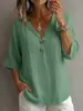 2026 Amazon Europeia e Americana Transfronteiriça Primavera/Verão Algodão e Linho Francês Decote V Botão Decorado Manga Três Quartos Solto Blusa Camiseta para Mulheres