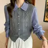 Cardigã de malha novo estilo coreano para primavera e outono, estilo universitário, suéter falso de duas peças com colete e camisa, disponível para encomenda personalizada para mulheres