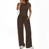 2026 Amazon estilo europeo y americano simple cuello redondo manga corta cordón pierna ancha pantalones casual conjunto de dos piezas para mujer en stock