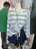 Top de punto de seda helada a rayas francés para mujer, Nuevo top fino suelto de manga larga para el verano, Ropa de abrigo
