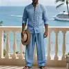 2026 Primavera e Outono Transfronteiriço Estilo Americano Linho Férias Casual Outdoor Masculino Conjunto de Calça Reta Solta de Manga Longa Henry