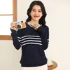 Suéter de Tricô de Algodão Puro com Blocos de Cor Listrados para Mulheres, Novo Estilo Primavera/Verão, Gola Redonda, Versátil, Manga Longa, Camisa Básica de Caimento Solto