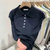 Estilo Coreano Estilo Perezoso Azul Dopamina Cuello Solapa Manga Corta Tejido para Mujer Verano 2025 Nuevo Único y Hermoso Top