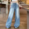 Calça jeans azul lavada de perna larga para mulheres, calça reta de cintura alta retrô de outono, calça versátil solta casual de comprimento total