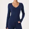 Camiseta de mujer Caijue estilo americano para otoño con escote en forma de corazón, corte ajustado, tacto desnudo, alta elasticidad, adecuada para deportes al aire libre y yoga, top de manga larga