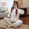 Pijama feminino estilo doce para primavera e outono, com bojos, cardigã fino de algodão nuvem, calça comprida de manga longa, conjunto de roupa de casa para meninas