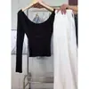 Estilo europeu e americano sexy menina gostosa sem costas com bojo camiseta de manga comprida justa feminina nicho gola U curta justa camisa básica
