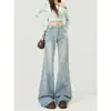 Calça jeans azul claro boca de sino para mulheres, novo estilo outono, plus size, adequada para tipos de corpo em formato de pera, não justa, calça pantalona boca de sino