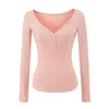 2539-Estilo Pura Pasión Sexy Moda Cuello en V Manga Larga Camiseta para Mujer 2025 Nueva Sexy Ajustada Camiseta Interior Top