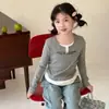 Top de Camiseta de Manga Corta con Jersey para Niñas Mayores, Estilo Nuevo de Primavera y Otoño, Falso de Dos Piezas, Elegante Camiseta Básica de Manga Larga