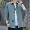 Camisa de Hombre de Algodón Puro Lavado Manga Tres Cuartos Casual Estilo Hong Kong Versión Holgada Manga Media Camisa Hombre de Moda Dropshipping