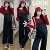 Novedad Otoño e Invierno Azul Denim Overol de Maternidad de Mezclilla + Top de Cárdigan Tejido Overol de Maternidad Traje de Maternidad