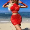 Traje de baño sexy transfronterizo de red hueca pequeña con perforaciones calientes, falda para cadera, traje sexy de manga larga, ropa de red con pedrería, manga larga, tz629