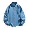 Camisa Jeans Retrô Japonesa de Primavera e Outono Masculina Solta Manga Longa Cor Sólida Azul Estilo Workwear Casual Modelagem Emagrecedora