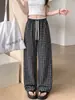Pantalones a Cuadros con Ribete de Encaje para Mujer, Verano Finos Holgados de Seda de Hielo Secado Rápido Pierna Ancha para Caminar, Pantalones Casuales de Pierna Recta