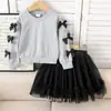 Amazon Transfronterizo Otoño Nuevo Top Gris de Manga Larga con Lazo Tridimensional y Falda de Malla Negra Ropa Infantil