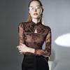 Novo Top Elegante de Primavera e Outono com Fivela Camisa Base Chinesa Retrô de Malha Flocada com Mangas Compridas em Estilo Europeu Ocidental