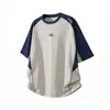Camiseta Bordada Texturizada Color Block de Manga Curta Marca da Moda Estilo Verão Algodão Puro Top Esportivo Camiseta Casual Americana Q