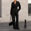 Conjunto de diseño estilo francés FCB, cintura entallada, manga larga, pantalón largo para mujer, con camisa negra y pantalón largo.