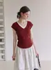 Top de punto para mujer estilo coreano, color block, multicapa, cuello en V, falso dos piezas, de verano, único y hermoso, ajustado, con mangas acampanadas 585