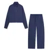 Conjunto casual de dos piezas elástico con textura Cross-tech para mujer: Chaqueta Corta con Cremallera y Cuello Alto + Pantalones Largos de Pierna Ancha con Cordón Elástico